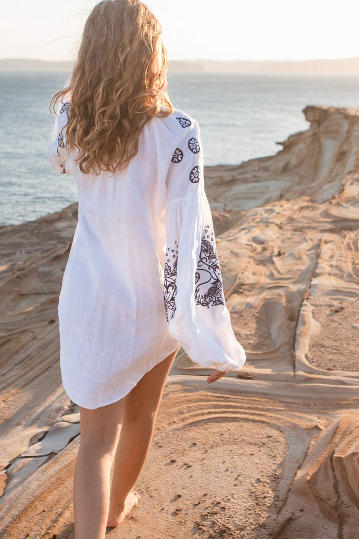 Capri Coast Pure Linen Blue Embroidered Blouse