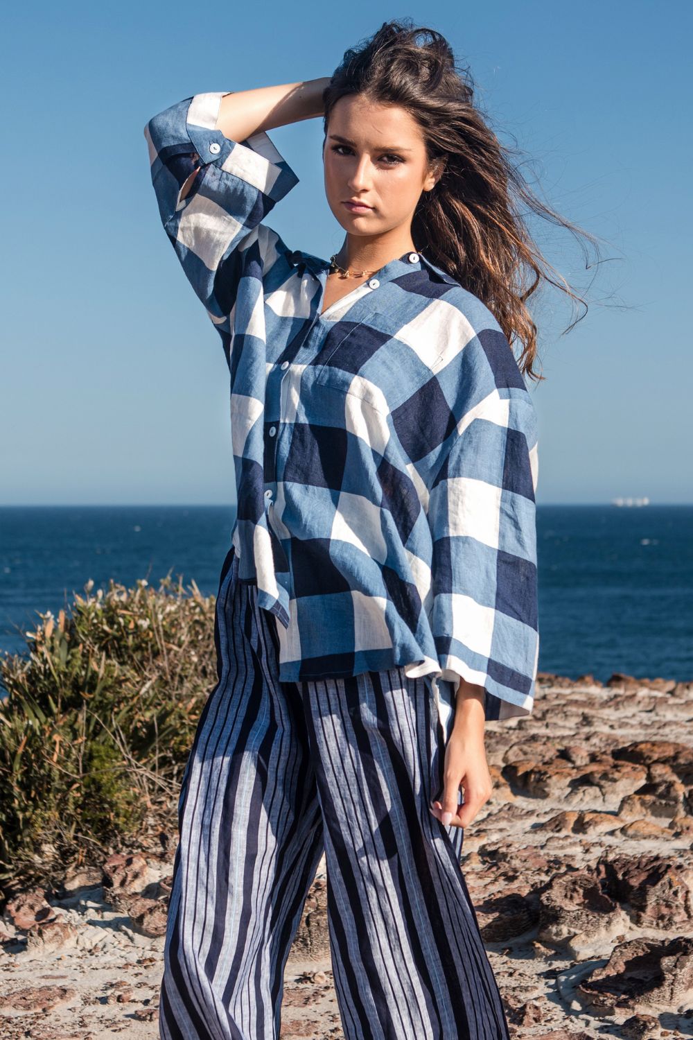OHLala Linen Navy and White Check Shirt