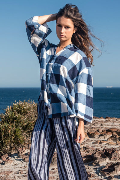 OHLala Linen Navy and White Check Shirt