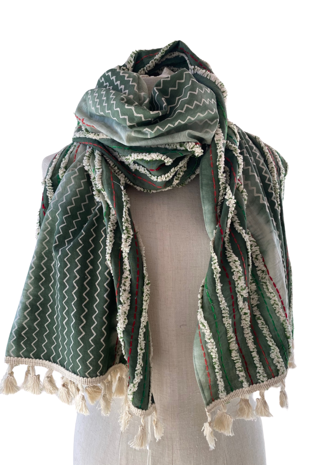 Artisan Hand Embroidery Scarf Olive