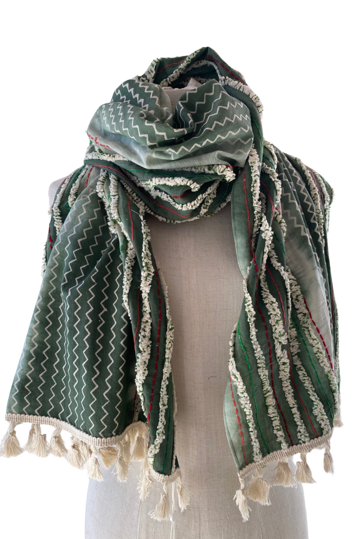 Artisan Hand Embroidery Scarf Olive
