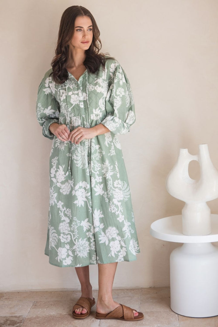 Amelia Dress Sage Paisley Print