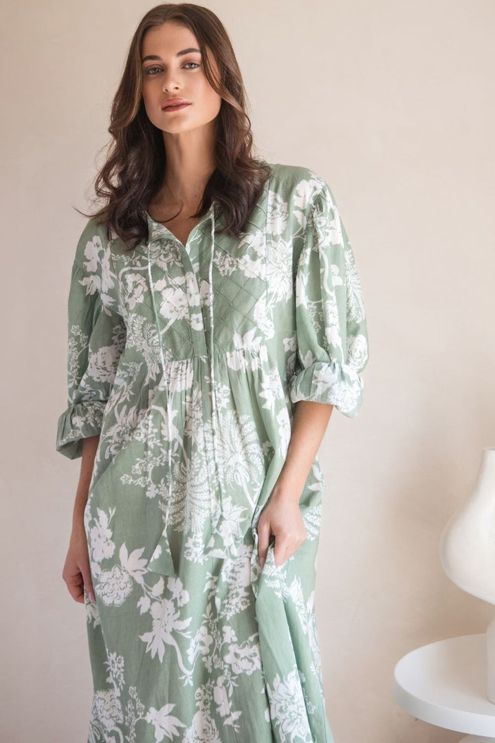 Amelia Dress Sage Paisley Print