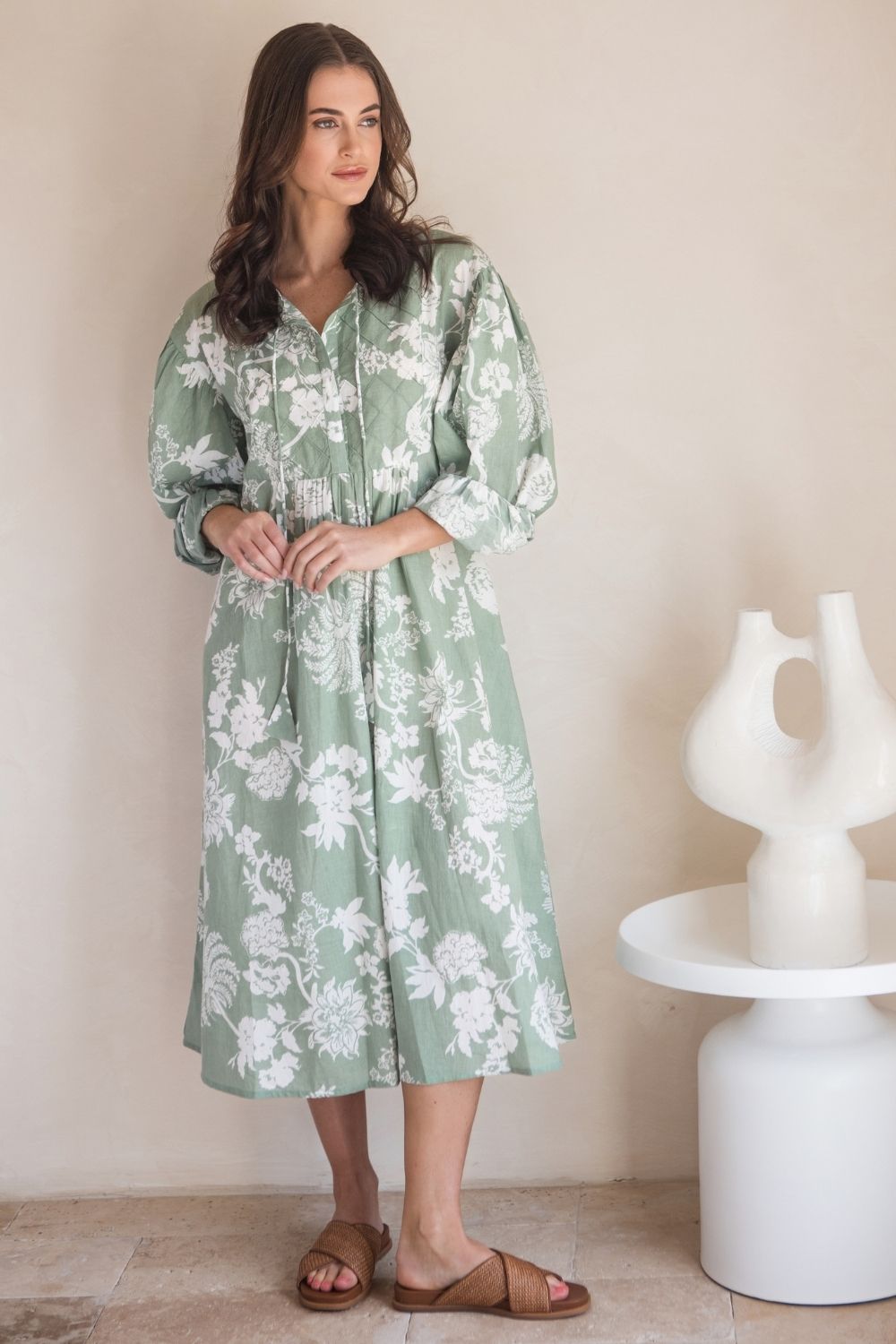 Amelia Dress Sage Paisley Print