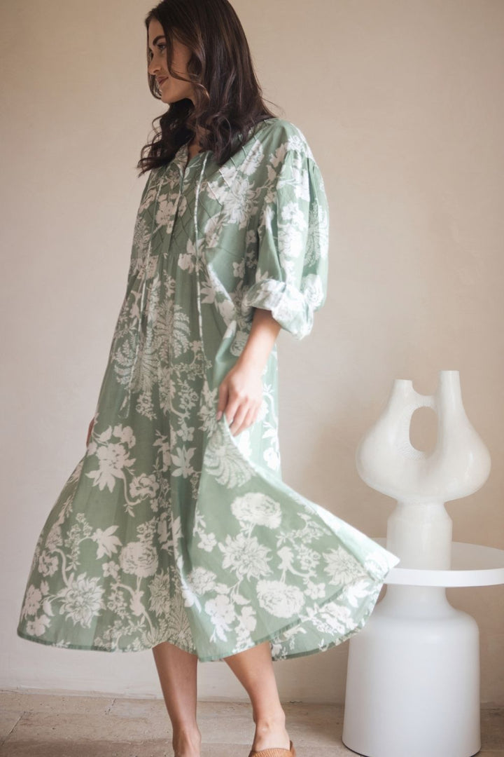 Amelia Dress Sage Paisley Print