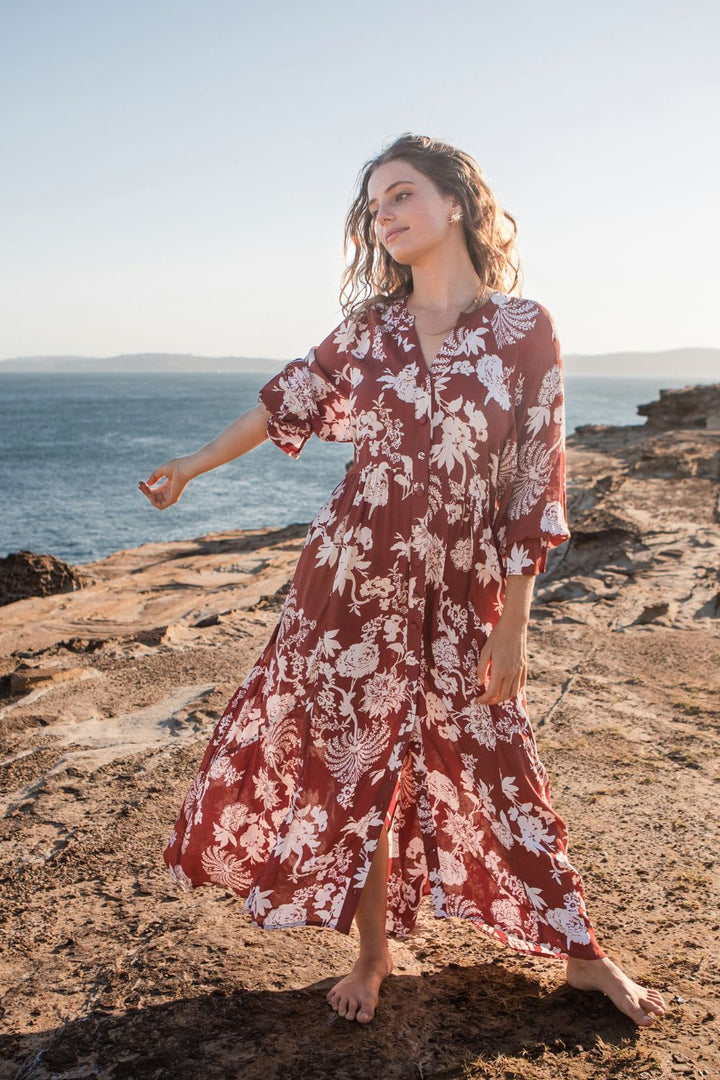 Tuscany Boho Dress Rust Paisley Print