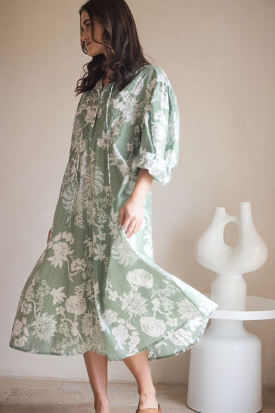 Amelia Dress Sage Paisley Print