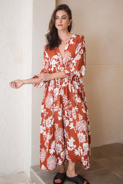 Tuscany Boho Dress Rust Paisley Print