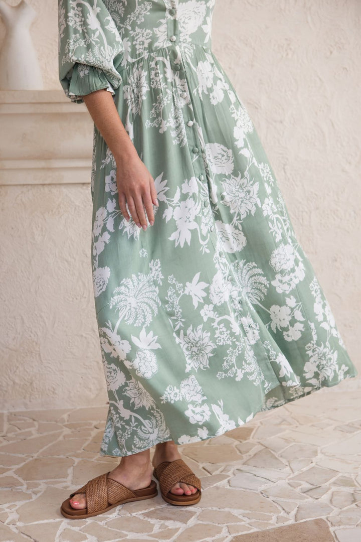 Tuscany Boho Dress Sage Paisley Print