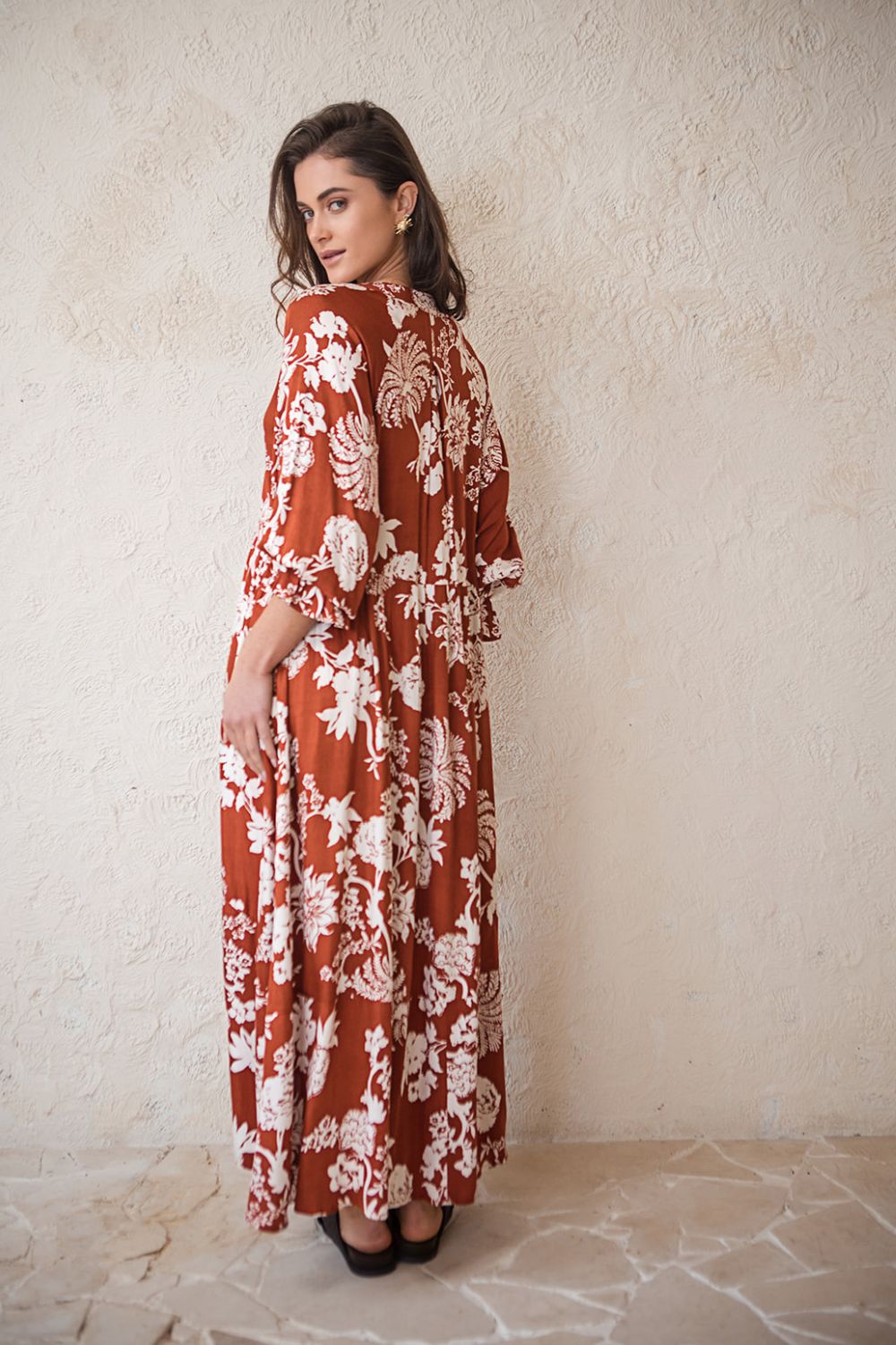 Tuscany Boho Dress Rust Paisley Print