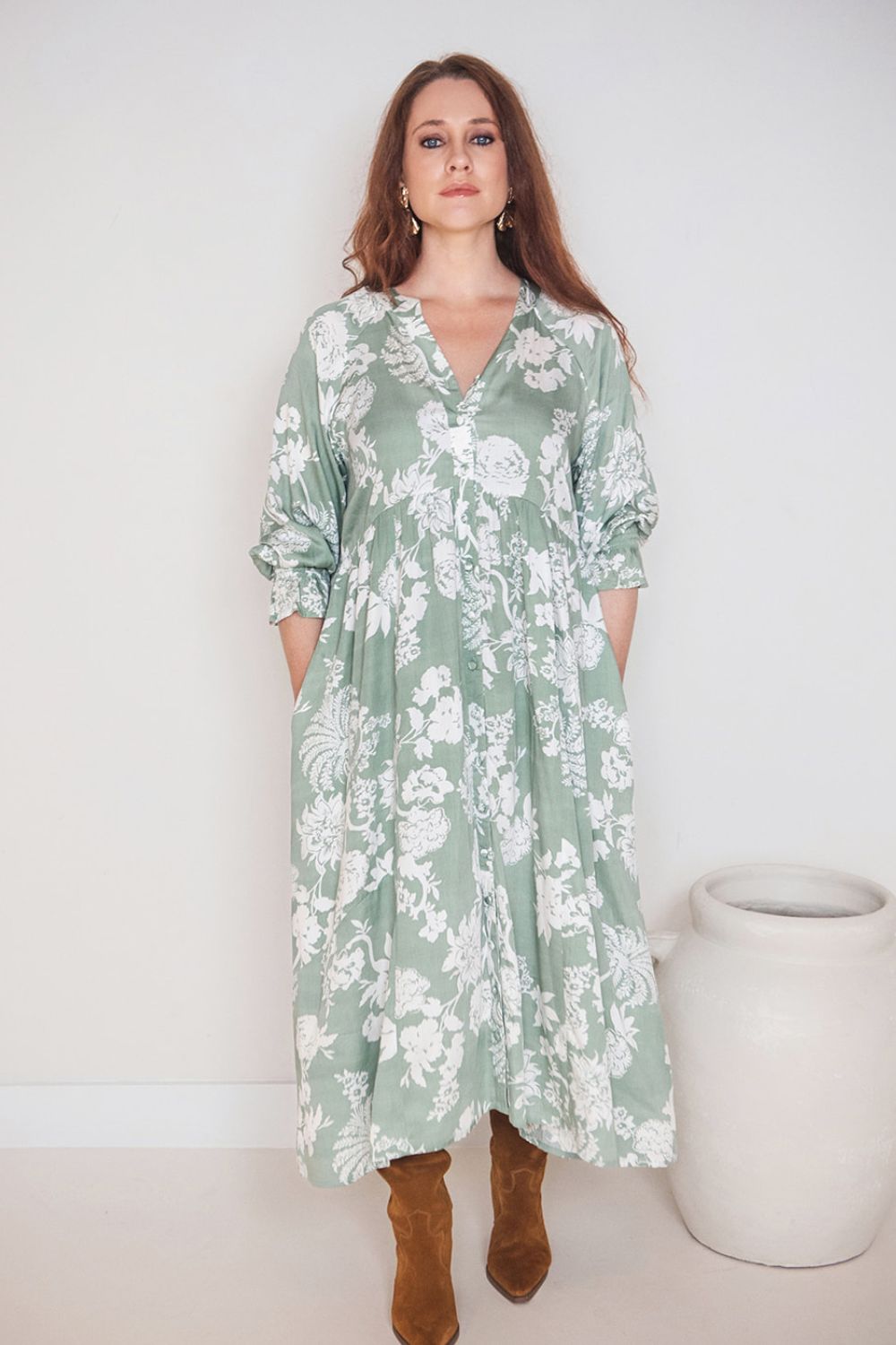 Tuscany Boho Dress Sage Paisley Print