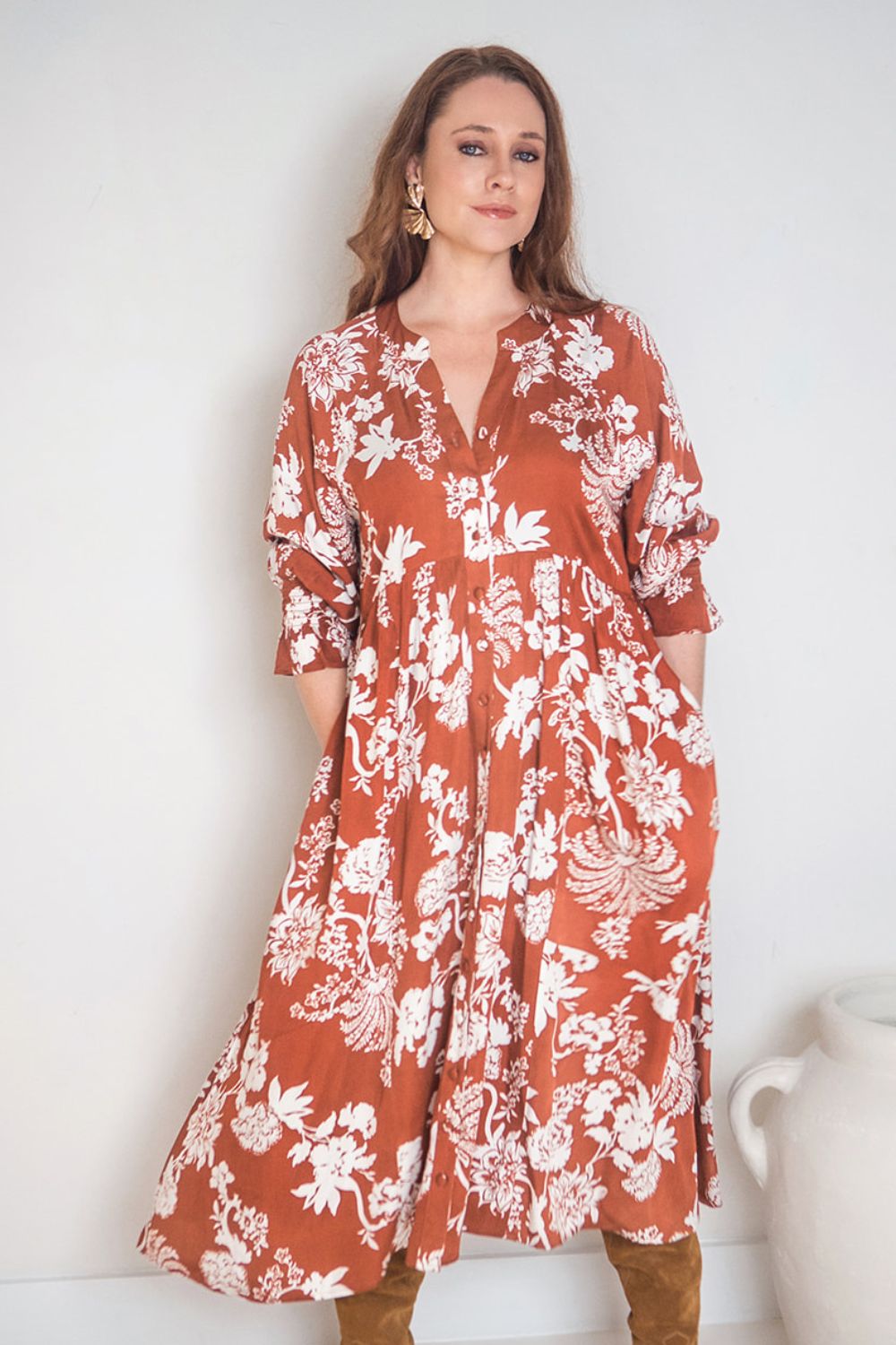 Tuscany Boho Dress Rust Paisley Print