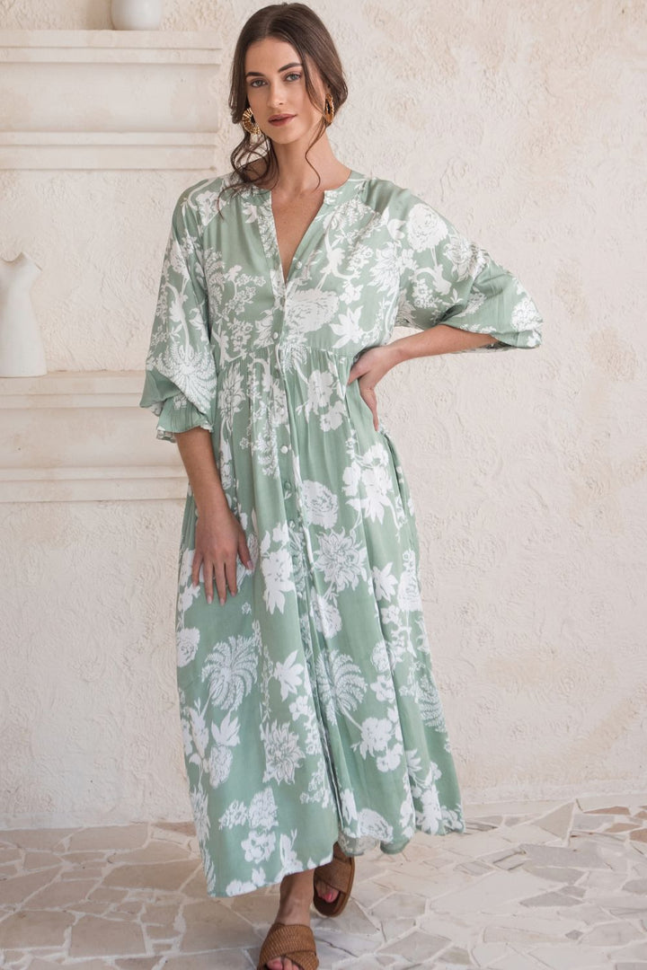 Tuscany Boho Dress Sage Paisley Print