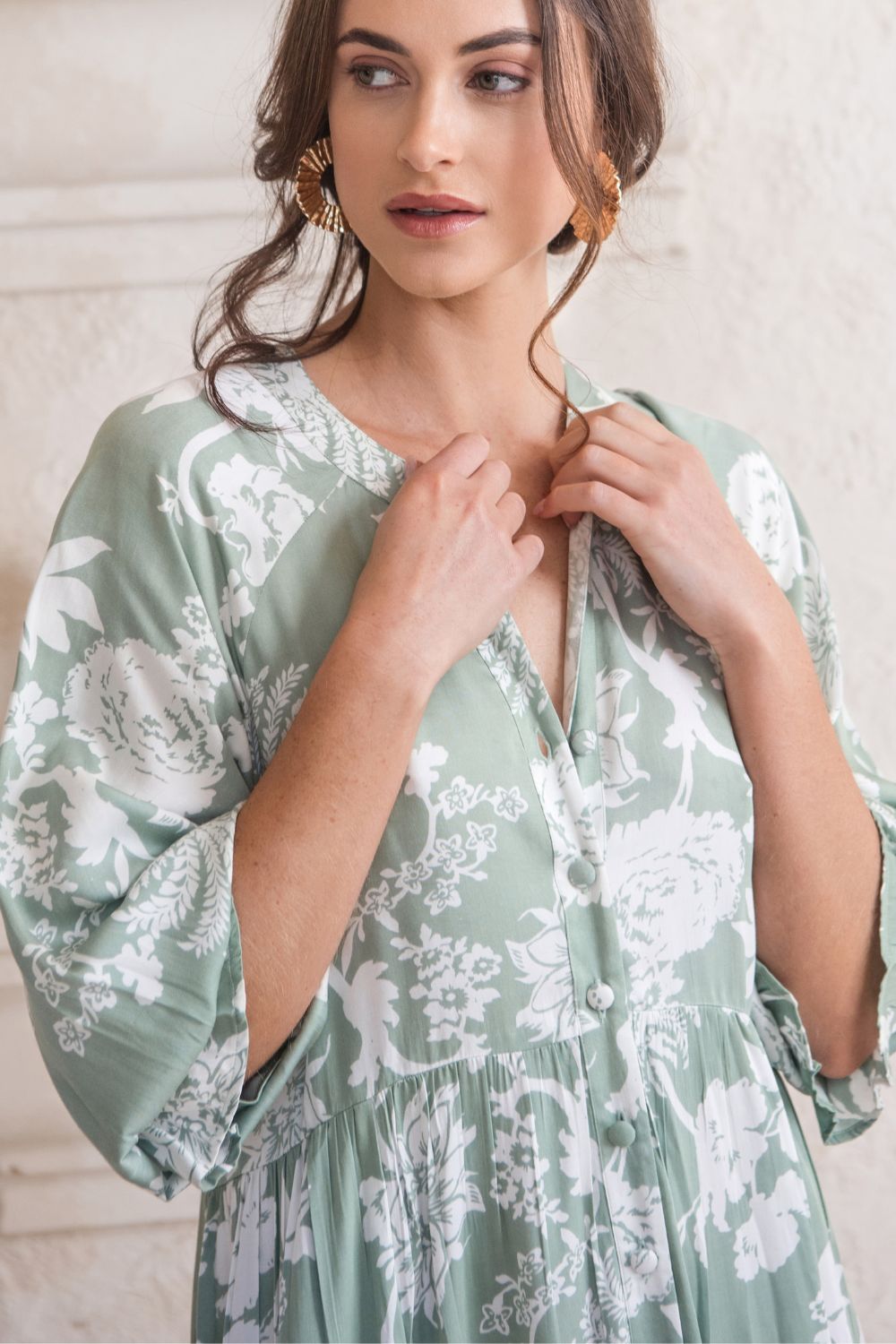 Tuscany Boho Dress Sage Paisley Print