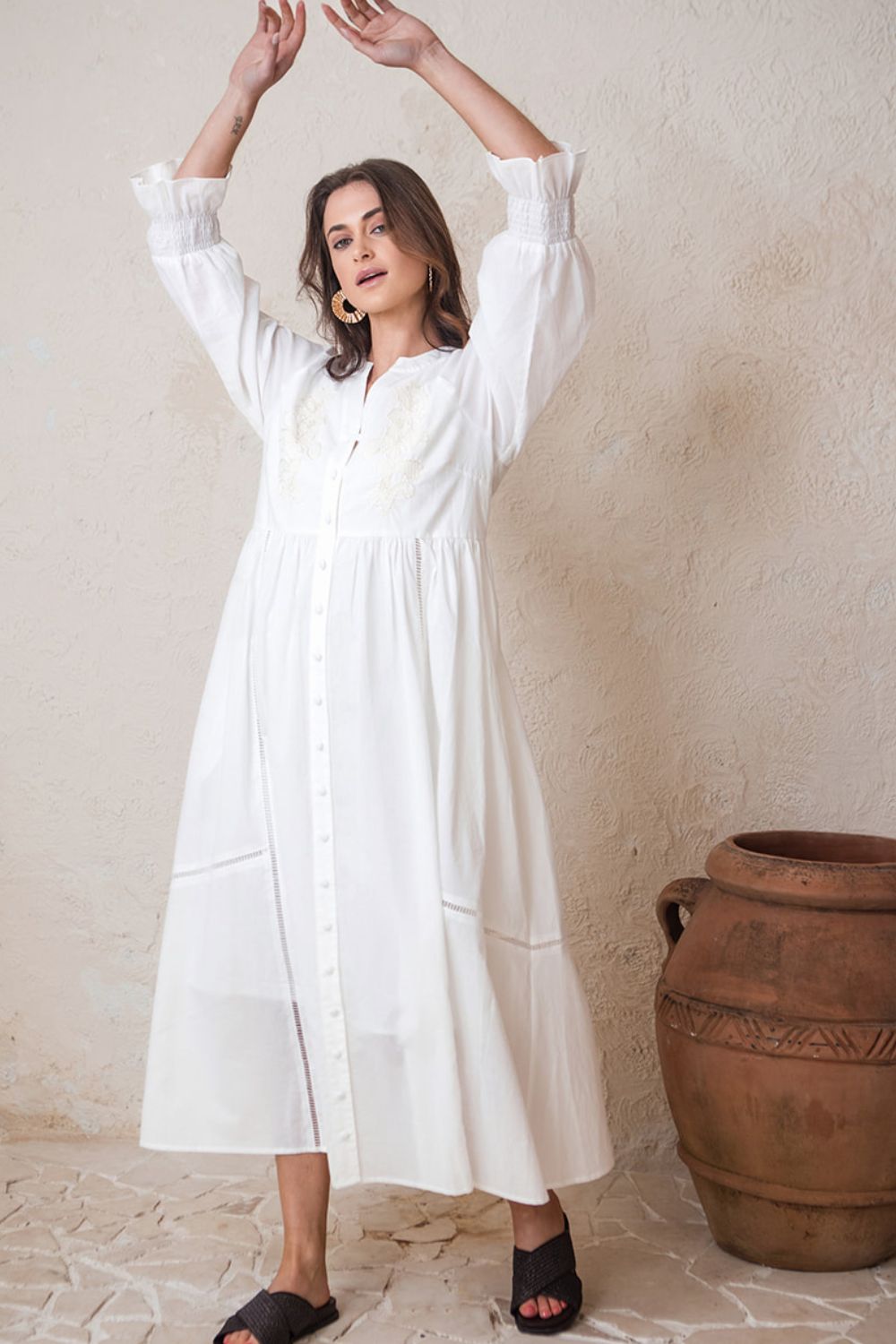Tuscany Cotton Maxi White Dress Emboidered