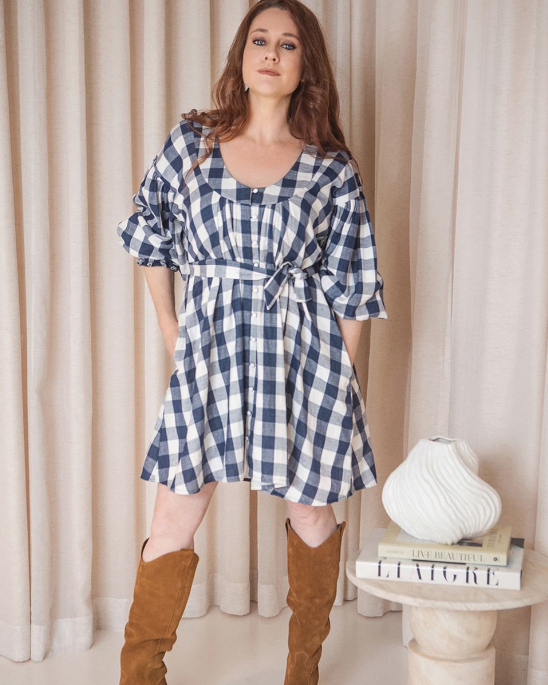 Navy and White Gingham Cotton Yarn Dyed Dress