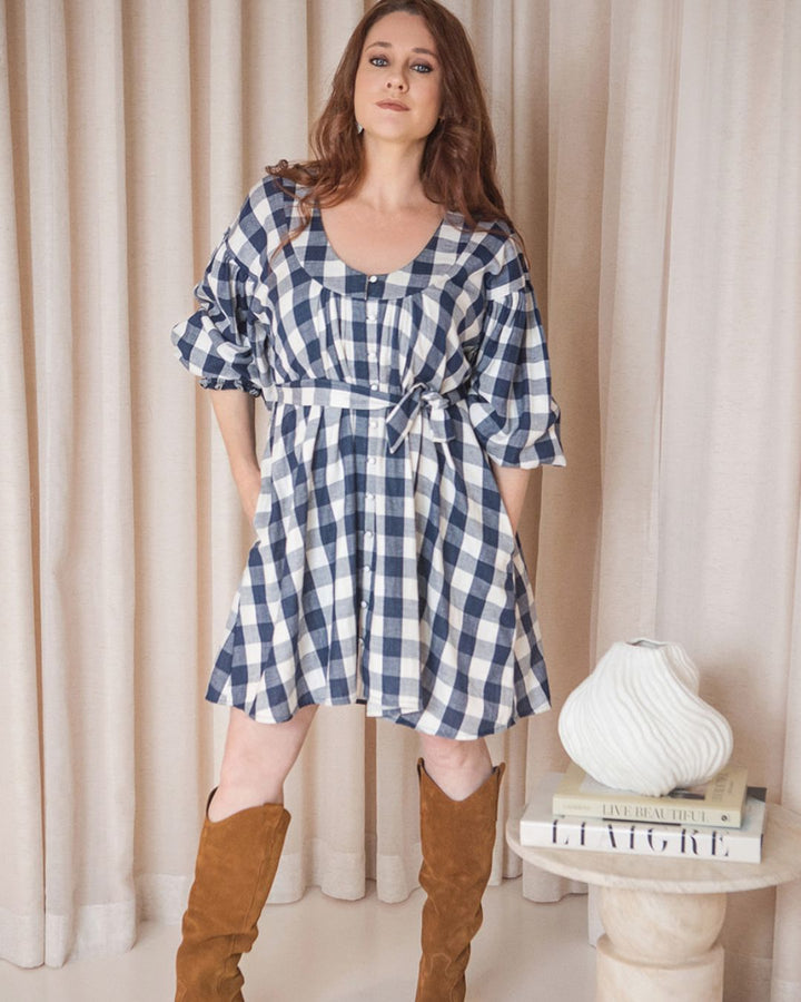 Navy and White Gingham Cotton Yarn Dyed Dress