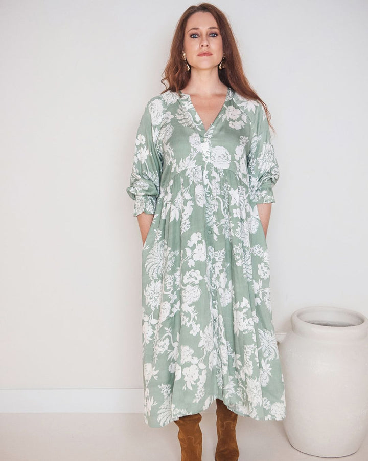 Tuscany Boho Dress Sage Paisley Print