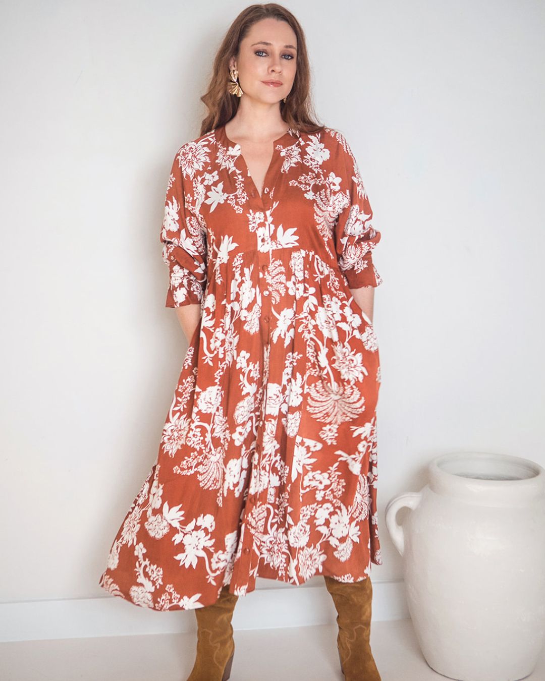 Tuscany Boho Dress Rust Paisley Print