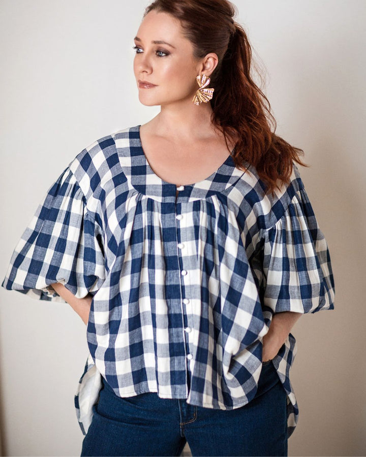 Navy and White Gingham Cotton Yarn Dyed Blouse