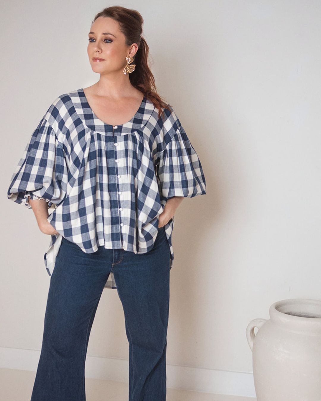 Navy and White Gingham Cotton Yarn Dyed Blouse