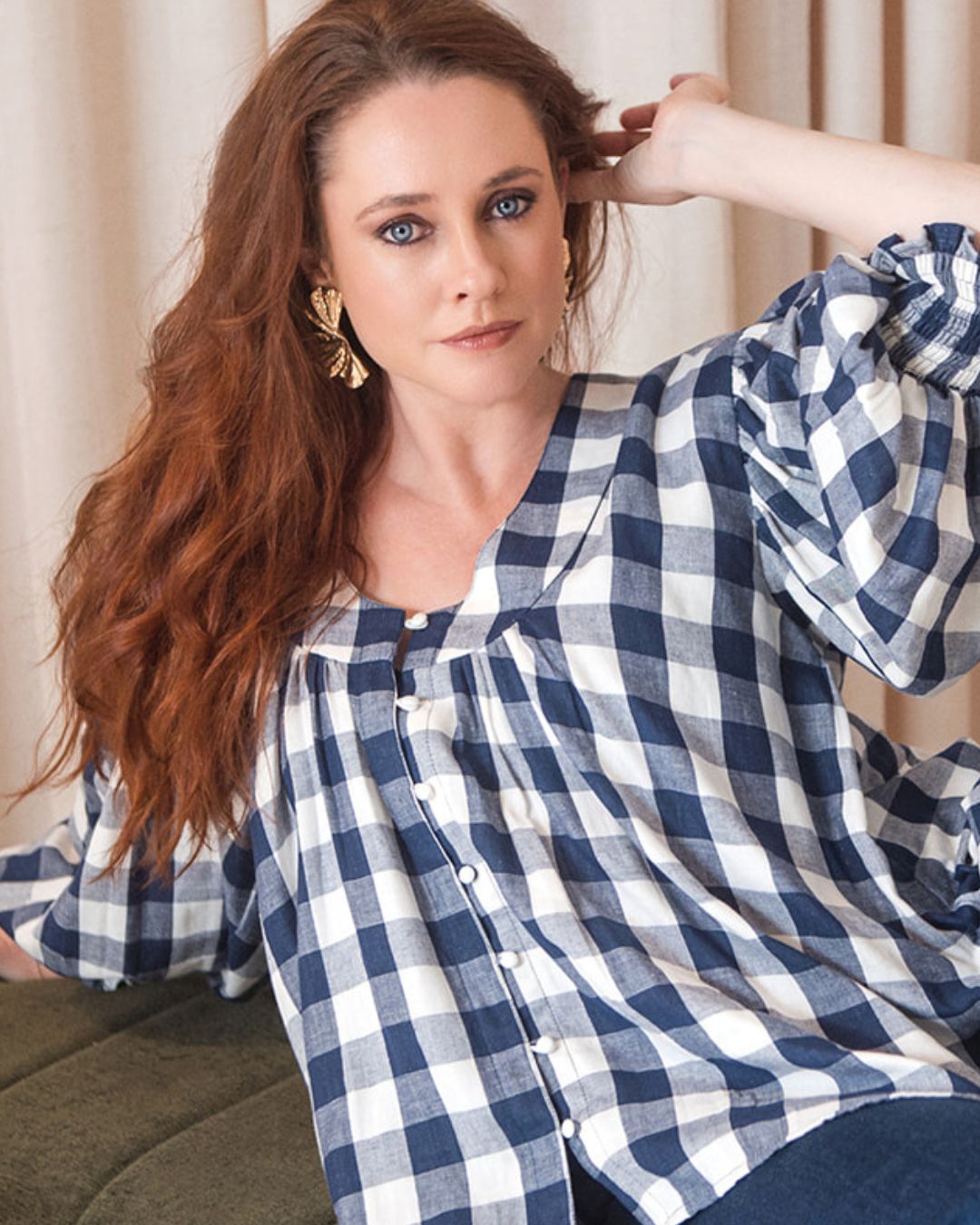 Navy and White Gingham Cotton Yarn Dyed Blouse