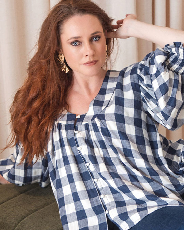 Navy and White Gingham Cotton Yarn Dyed Blouse