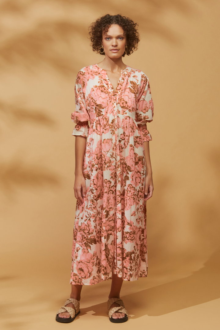 Tuscany Maxi Cotton Dress Rose Print