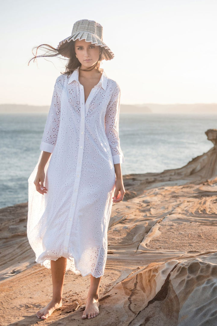 White Capri Anglaise Shirt Dress