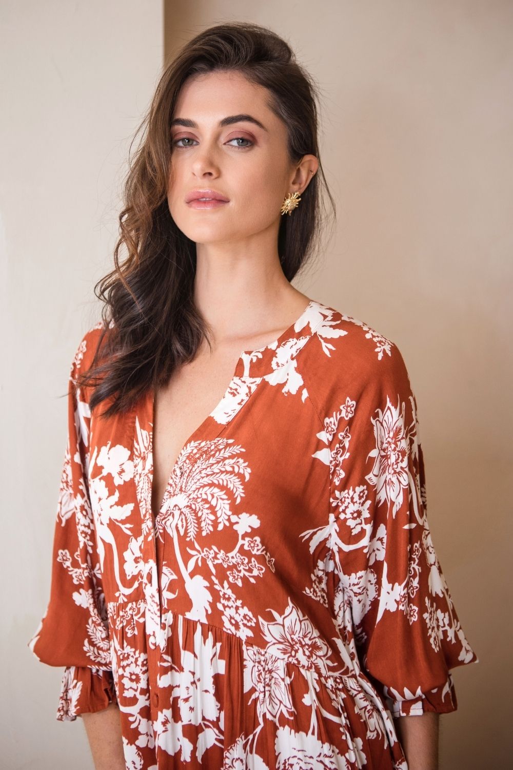 Tuscany Boho Dress Rust Paisley Print