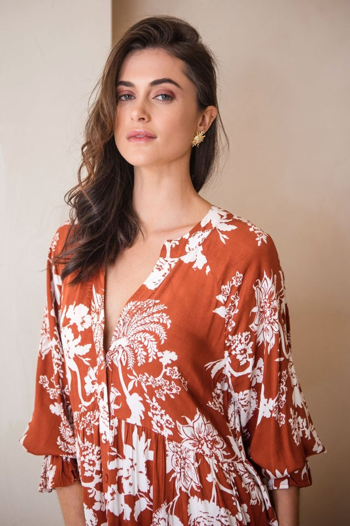 Tuscany Boho Dress Rust Paisley Print