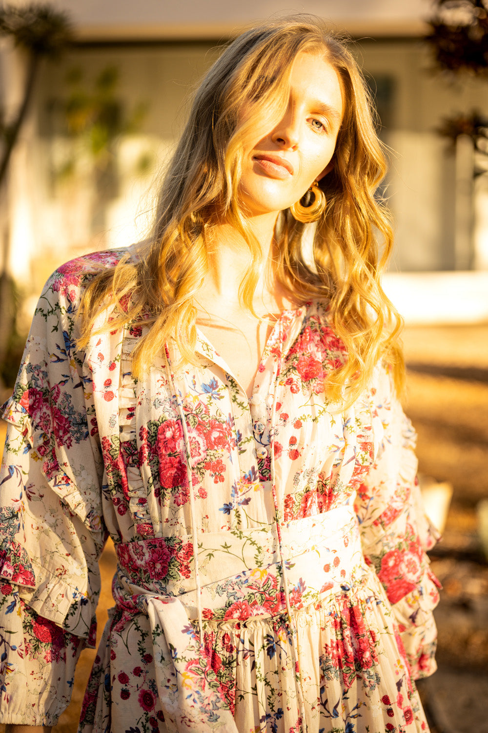 Floral Rose Print Cotton Maxi Dress L