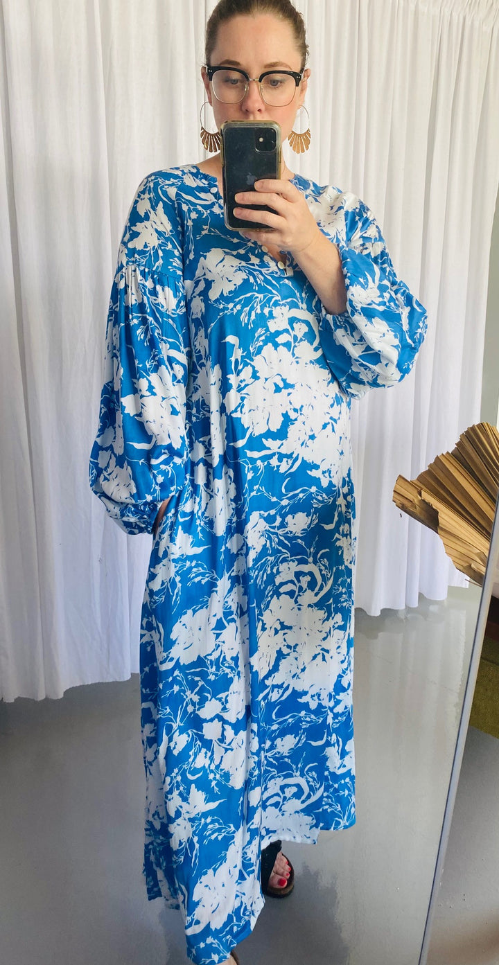 Kaftan Maxi Dress Blue & White Floral Print