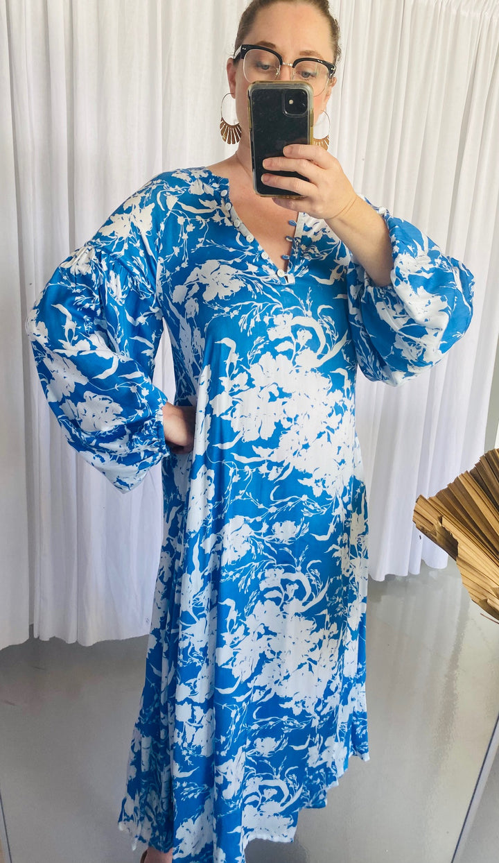 Kaftan Maxi Dress Blue & White Floral Print