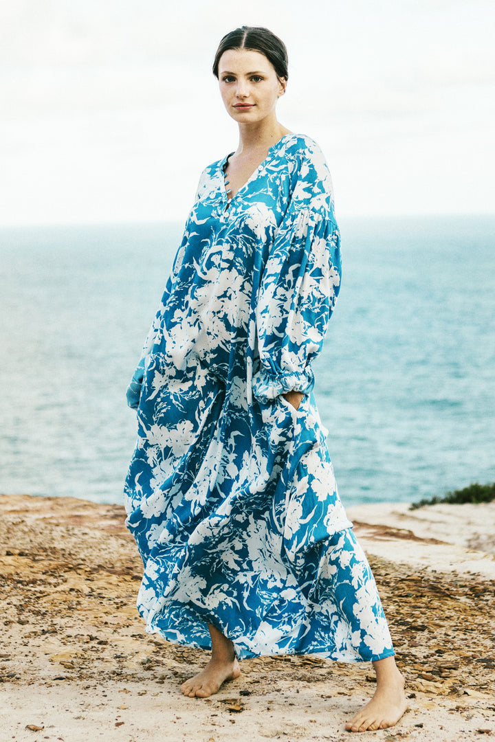 Kaftan Maxi Dress Blue & White Floral Print
