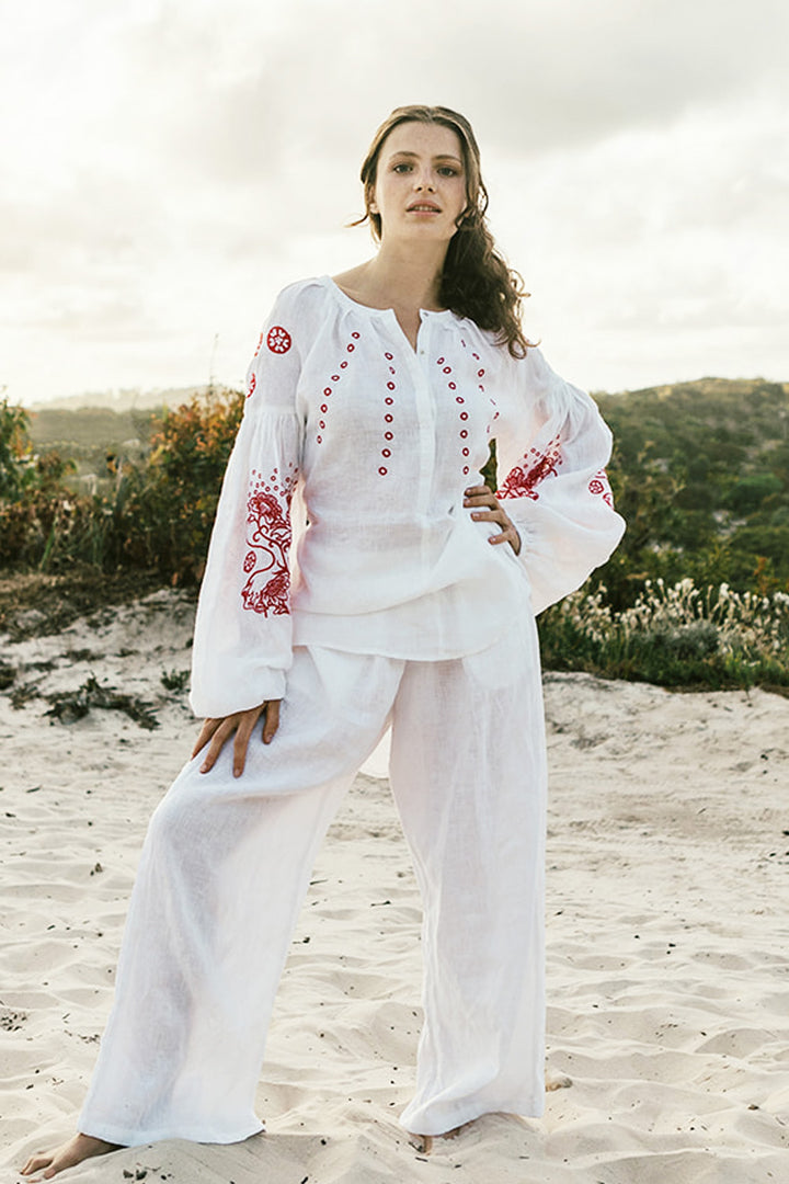 Capri Pure Linen Red Embroidered Blouse
