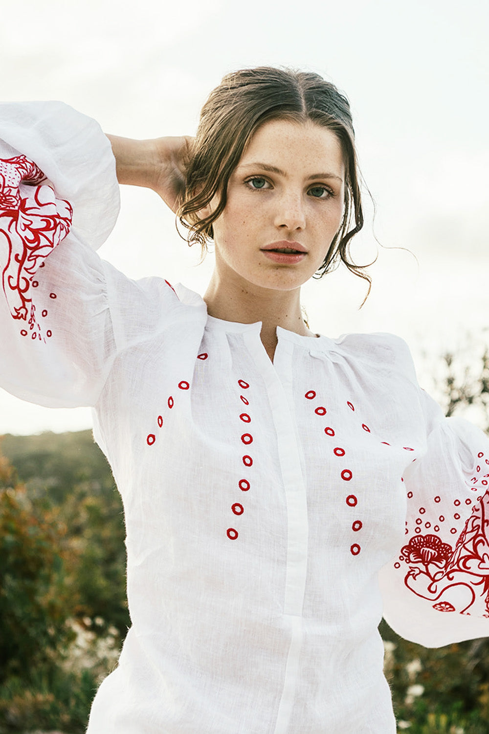 Capri Pure Linen Red Embroidered Blouse