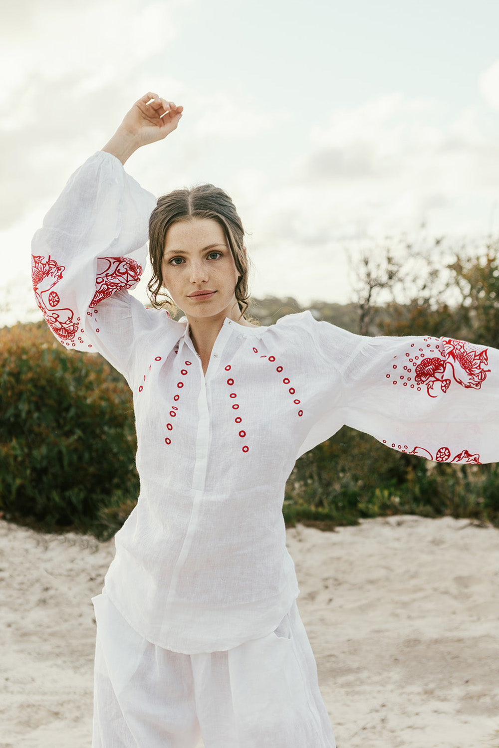Capri Pure Linen Red Embroidered Blouse