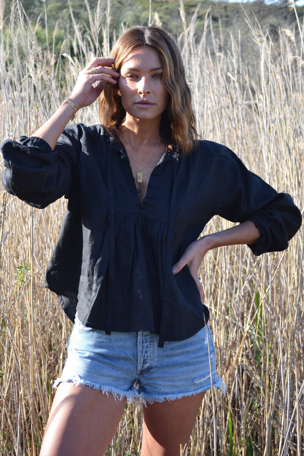 Louisa Blouse Black Linen