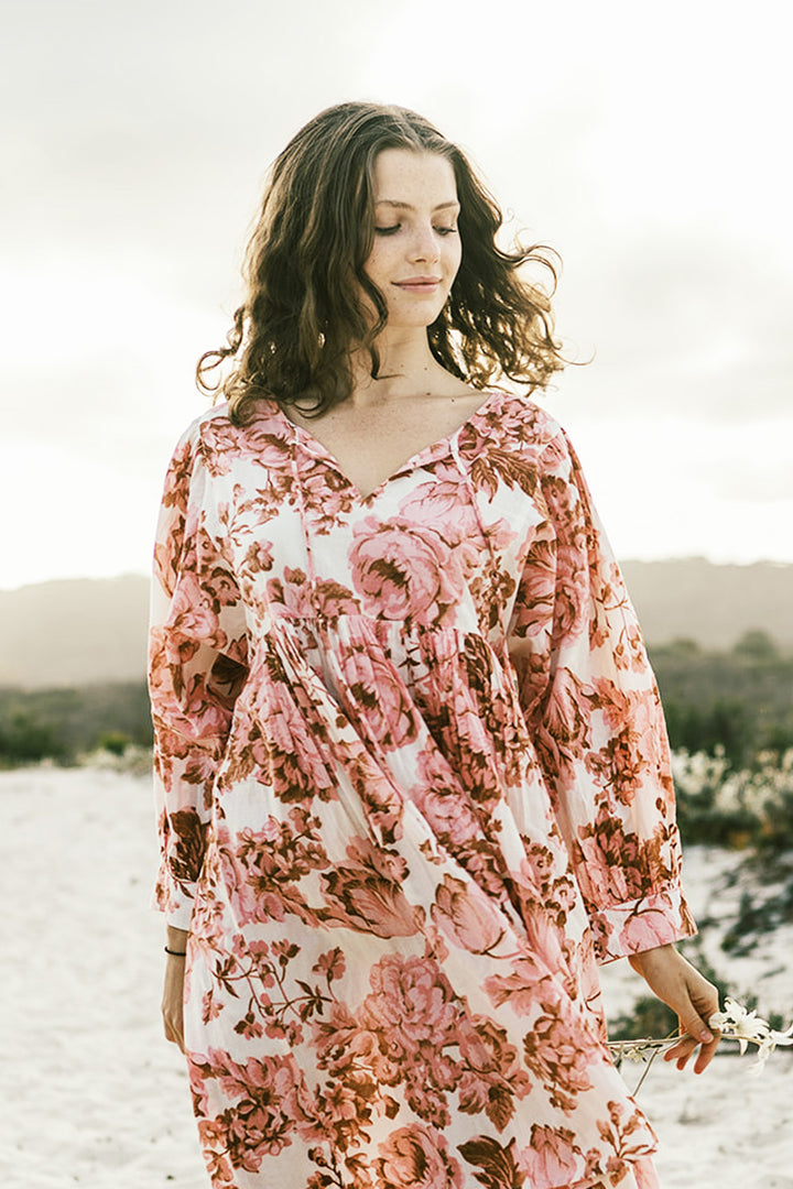 Poppy Dress Rust and Rose Print
