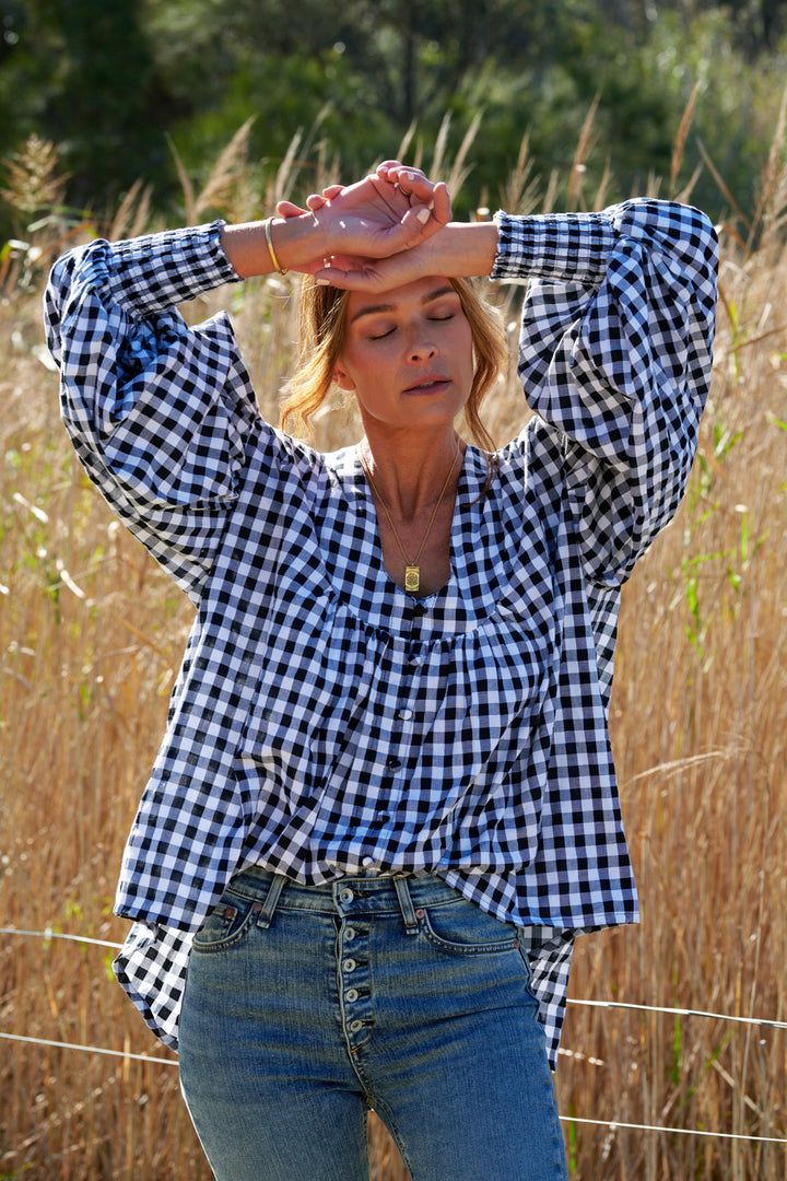 Gingham Yarn Dyes Black and white womens blouse. Australian Designer 100% cotton best selling style.