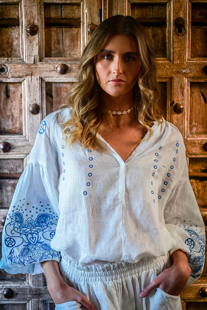 Capri Pure Linen Blue Embroidered Blouse