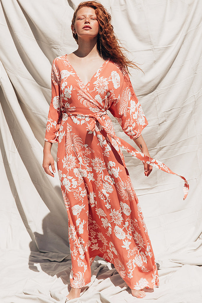 Wrap Dress Apricot Floral Print House of Lacuna