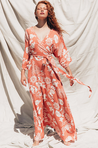 Wrap Dress Apricot Floral Print  House of Lacuna